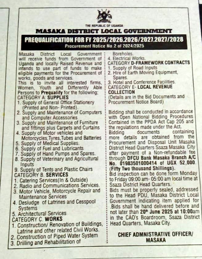 Masaka District Local Government (@masakadistrict_) on Twitter photo We are calling upon companies/individuals with the necessary credentials to apply not later than 20th June 2025 before 10:00am.
Cc <a href="/PPDAUganda/">PPDA Uganda</a> We are calling upon companies/individuals with the necessary credentials to apply not later than 20th June 2025 before 10:00am.
Cc <a href="/PPDAUganda/">PPDA Uganda</a>