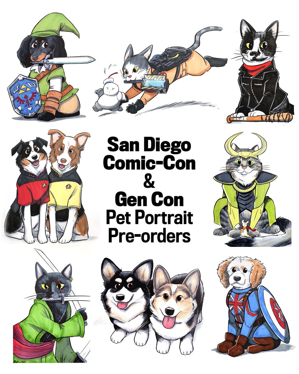 SD_Comic_Con's tweet photo. We all love our pets, right? @samandfuzzy loves them so much, he wants to draw yours for you in cosplay for an #SDCC 2025 commission: https://t.co/x01JUZzCN4 https://t.co/PCbR9zwGnW