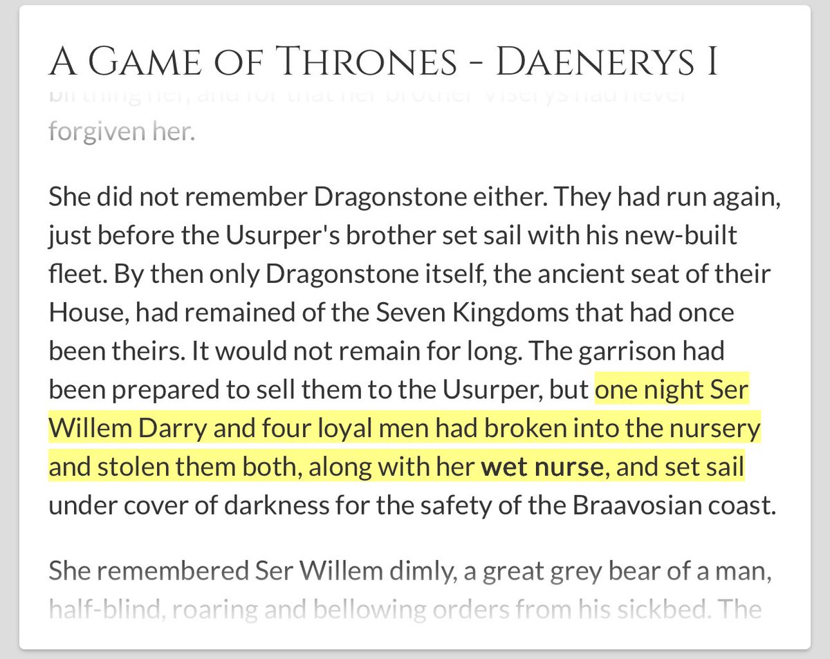 Imagine being the wet nurse for the future Queen of Meereen and quite possibly Azor Ahai, and then your next gig is for some random Braavosi

This woman nursed the breaker of chains, let us never forget her! I hope she got some of Willem Darry’s money!!