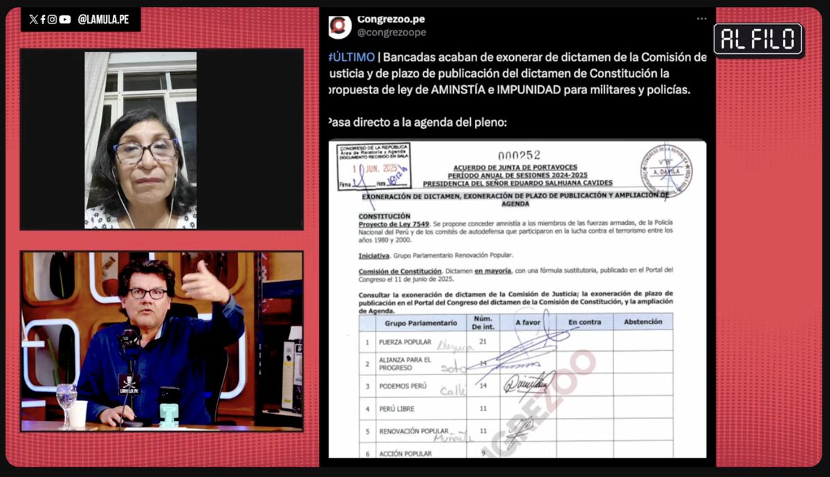 La Mula (@lamula) on Twitter photo 🔴 Gloria Cano ( <a href="/Aprodeh/">Asociación Pro Derechos Humanos - APRODEH</a> ) responde en #AlFilo a los defensores del proyecto de ley de amnistía:
📺 En vivo 👉 tinyurl.com/mrxrtusr
#LeyDeImpunidad #LaMulaStream 🔴 Gloria Cano ( <a href="/Aprodeh/">Asociación Pro Derechos Humanos - APRODEH</a> ) responde en #AlFilo a los defensores del proyecto de ley de amnistía:
📺 En vivo 👉 tinyurl.com/mrxrtusr
#LeyDeImpunidad #LaMulaStream