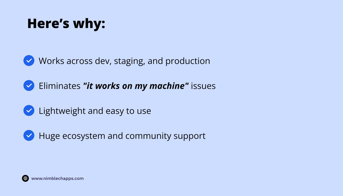 Nimblechapps's tweet photo. Changed the game for our development environment.🐳

From dev to prod, Docker keeps everything consistent, lightweight, and headache-free.

No more “It works on my machine” nightmares!

#Docker #DevOps #SoftwareDevelopment #Containers #DeveloperTools #DevEnvironment #Nimblechapps https://t.co/y9XdfG99kp