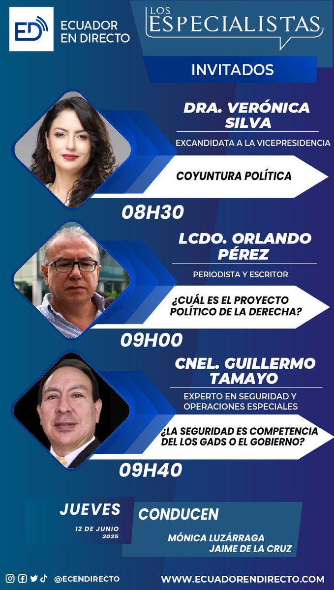 Ecuador En Directo (@ecendirecto) on Twitter photo Los invitados para este jueves 🗓12/06/2025 en #LosEspecialistas 08:00 am.
👇
⏰08:30 .<a href="/veroniabad/">Verónica Abad</a>
⏰09:00 .<a href="/VeroSilva2021/">Vero Silva</a>
⏰09:40 #GuillermoTamayo
Síguenos en🔴Vivo por Facebook, X y YouTube. Link👇
youtube.com/@ecuadorendire…
facebook.com/ecendirectotv Los invitados para este jueves 🗓12/06/2025 en #LosEspecialistas 08:00 am.
👇
⏰08:30 .<a href="/veroniabad/">Verónica Abad</a>
⏰09:00 .<a href="/VeroSilva2021/">Vero Silva</a>
⏰09:40 #GuillermoTamayo
Síguenos en🔴Vivo por Facebook, X y YouTube. Link👇
youtube.com/@ecuadorendire…
facebook.com/ecendirectotv