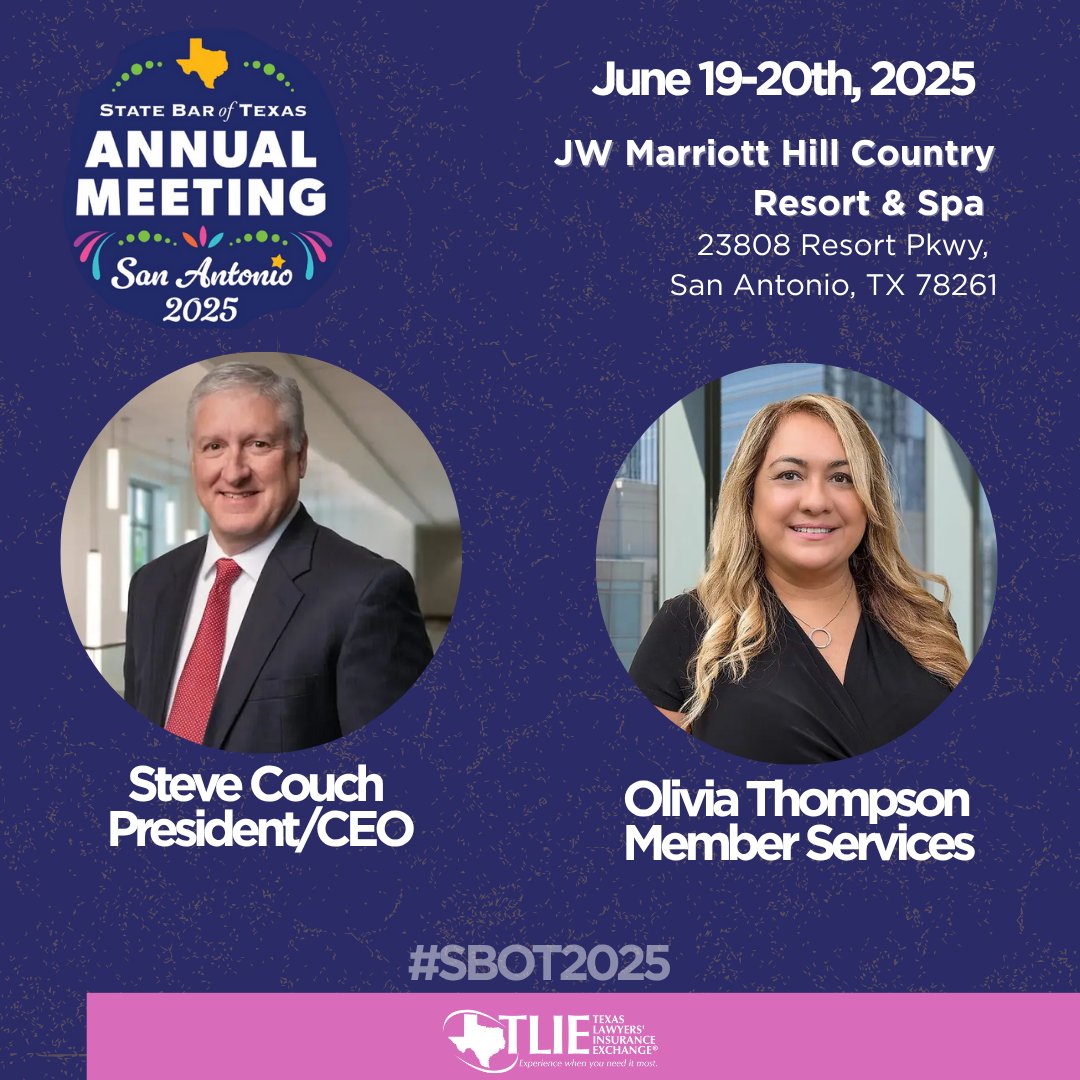TLIE_'s tweet image. We are at the @statebaroftexas Annual Meeting today and tomorrow! Stop by to meet Steve Couch and Olivia Thompson, chat about #LegalMalpractice insurance and how we can help protect you and your practice.

#TexasAttorneys #TexasLawyers
