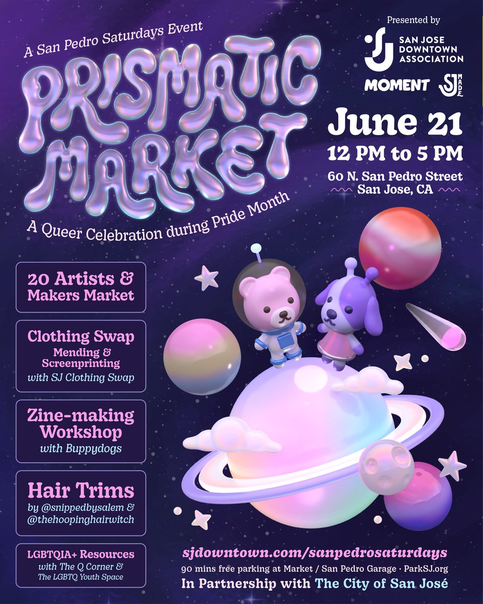 🌈 San Pedro Saturdays Prismatic Market is next Saturday, June 21 from 12 - 5pm! Admission is free.

👉 View more info at sjdowntown.com/sanpedrosaturd… or sanjosemade.com