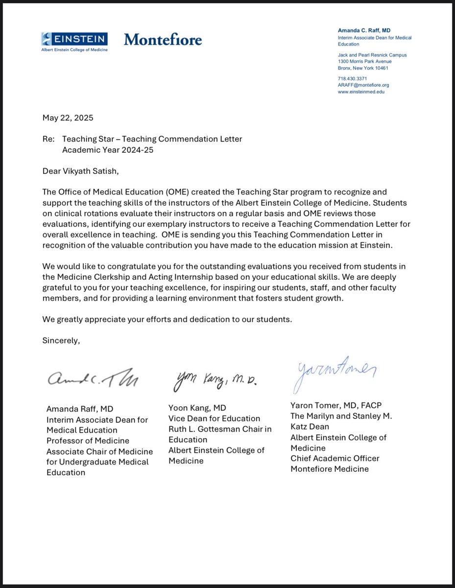 Always a pleasure to work with the superstar med students from <a href="/EinsteinMed/">Albert Einstein College of Medicine - Official</a> <a href="/MontefioreNYC/">Montefiore Health System</a> <a href="/NYCHealthSystem/">NYC Health + Hospitals</a> <a href="/jmcchiefs/">Jacobi Internal Medicine Chiefs</a>! Honored to receive the teaching star award this year
#MedEd