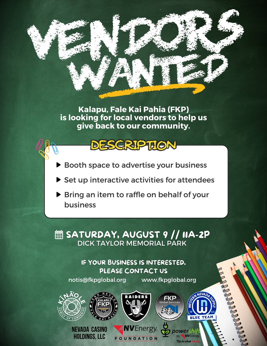 🚨 RENO &amp; SURROUNDING AREAS - Please join FKP at our 3rd Annual Back to School BACKPACK DRIVE ‼️ 🎒🏫 🚌 ✏️ 📝 
Free backpacks &amp; supplies. 

📍 : Dick Taylor Park
🗓️: August 9th
🕐 : 11am - 2pm
*While supplies last. Children must be accompanied by an adult. 

VENDORS WANTED‼️