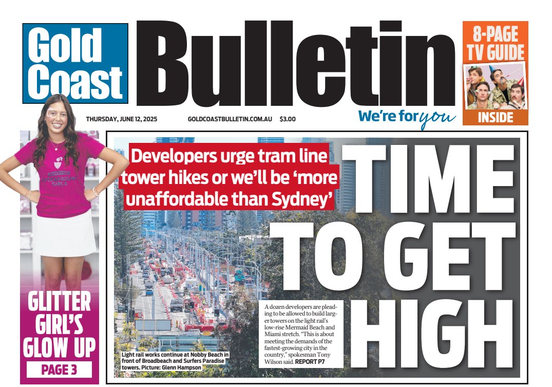 Andrew Potts (@gcs_pottsy) on Twitter photo Today's Gold Coast Bulletin front page: TIME TO GET HIGH - Developers and landowners are pleading for the green light to allow them to build larger towers on the light rail route, warning the next generation will be forced out. <a href="/GCBulletin/">Gold Coast Bulletin</a> Today's Gold Coast Bulletin front page: TIME TO GET HIGH - Developers and landowners are pleading for the green light to allow them to build larger towers on the light rail route, warning the next generation will be forced out. <a href="/GCBulletin/">Gold Coast Bulletin</a>
