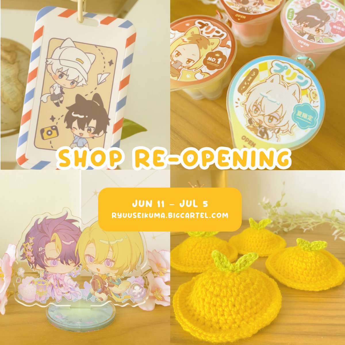 [RT🌸] 
My sh0p is OPEN again!!

Including LC card holder, pudding keychains, cheki, special standees, and small qty of handmade pape hats. 🥹💕
.
more info below ⬇️
