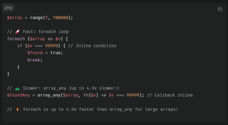 michabbb's tweet image. If #phpstorm tells you:  "Loop can be converted to an 'array_any()' call" ☝️

👉 Remember: array_any might look nicer, but its performance can be much worse ⚠️

(that’s why I disabled that inspection)

#php #coding #tip #performance