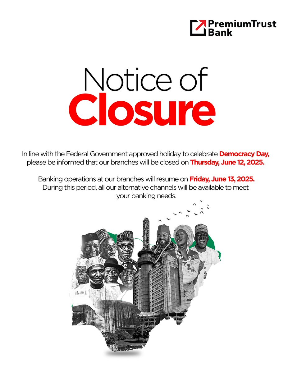 PremiumTrust Bank (@thepremiumtrust) on Twitter photo Please note that all our branches be closed tomorrow, June 12, 2025.
Banking operations will resume on Friday, June 13, 2025.
Our alternative channels remain available for your banking needs.
For assistance, email us at contactpremium@premiumtrustbank.com.
Thank you for Please note that all our branches be closed tomorrow, June 12, 2025.
Banking operations will resume on Friday, June 13, 2025.
Our alternative channels remain available for your banking needs.
For assistance, email us at contactpremium@premiumtrustbank.com.
Thank you for