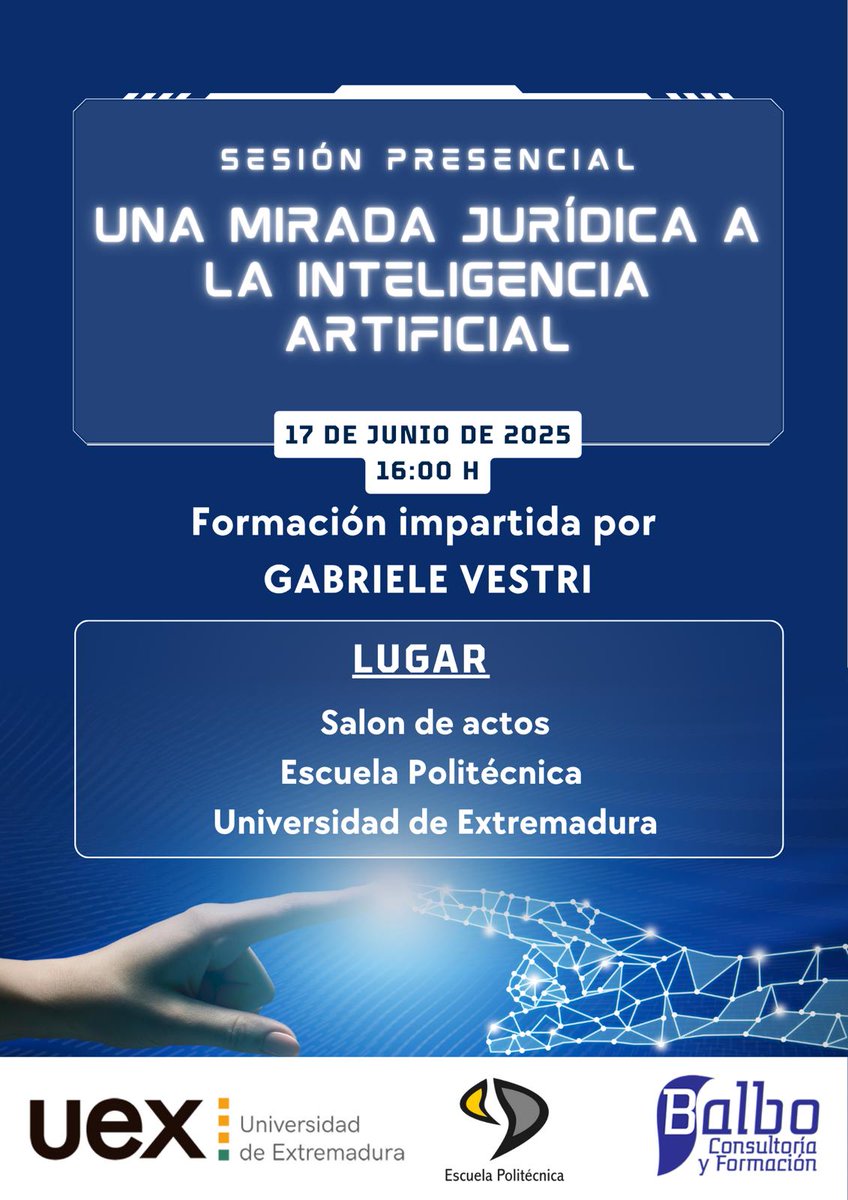 🧠📚 ¡No te lo pierdas!
"Una mirada jurídica a la IA"

📅 17/06/2025 | 🕓 16:00 h
📍 Salón de actos, Escuela Politécnica
👩‍🏫 Con Gabriele Vestri

Entrada libre hasta completar aforo.