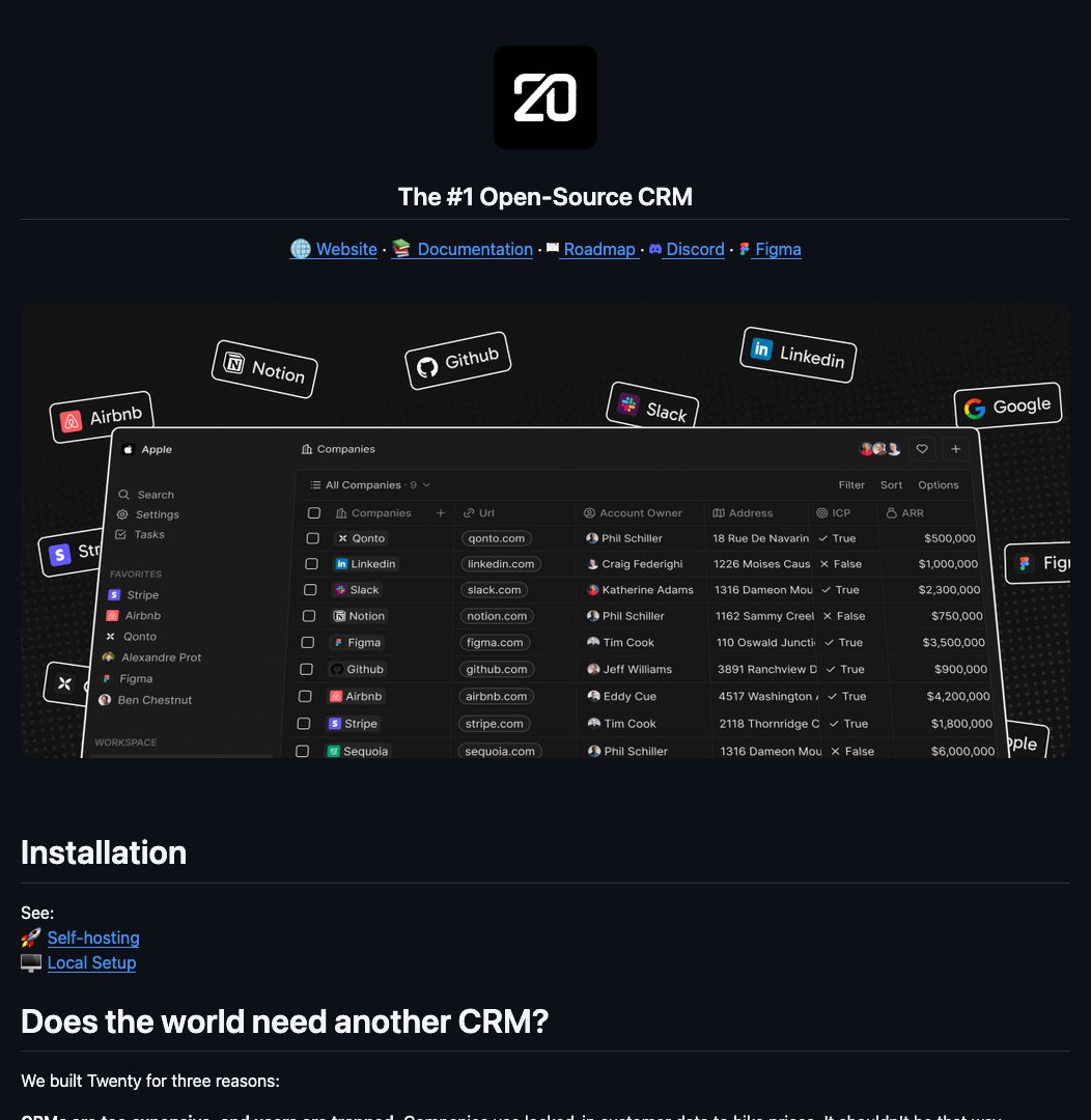 D4Vinci1's tweet image. twenty
Introducing Twenty, #1 Open-Source CRM. Free, open-source, and community-driven. Experience a fresh start in customer relationship management. Features like email integration, task creation, and data modeling. Join the movement! #OpenSourceCRM #FreeSoftware