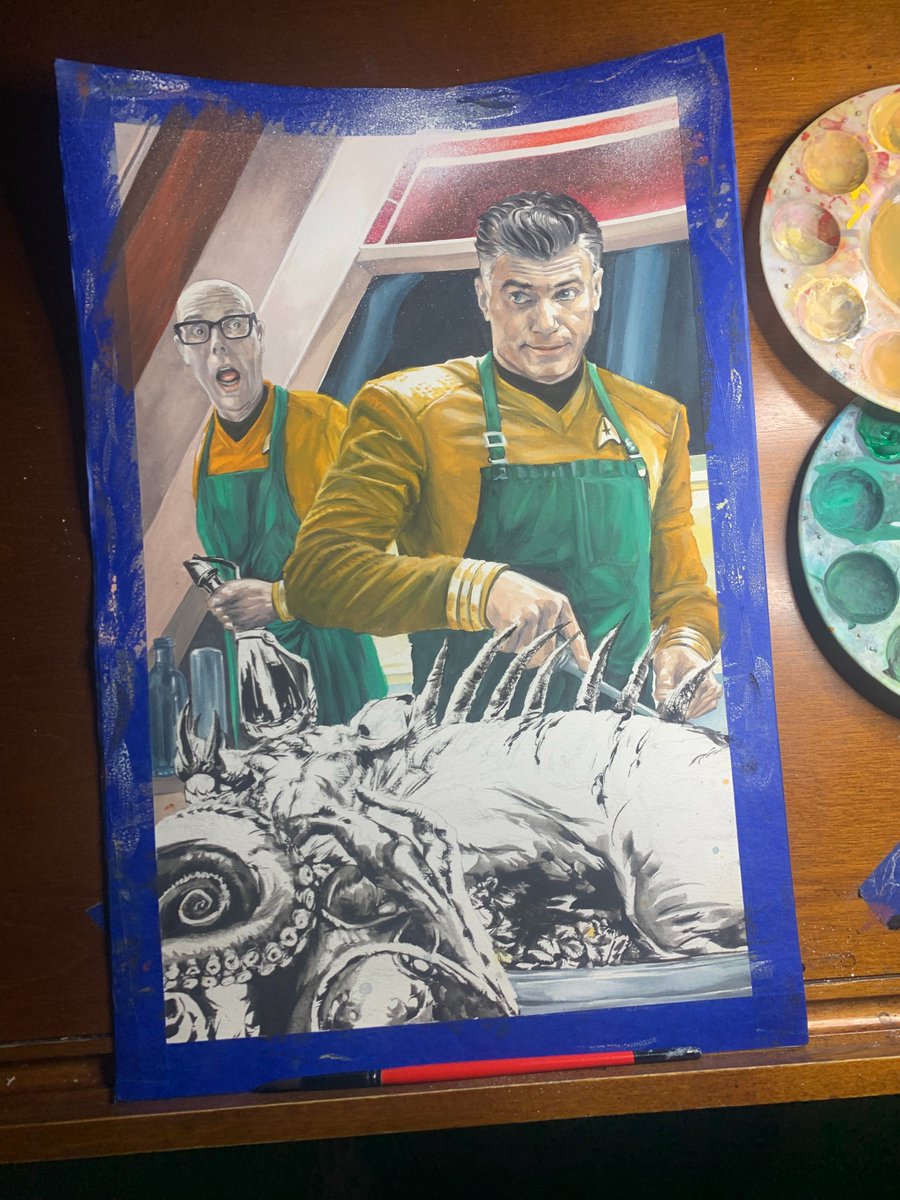 Jeff, #captianpike and the #klingon Cuisine". #WIP  #commission for  #heroesCon2025. #gouache on 12 x 18 coldpress. #StarTrek #StrangeNewWorlds
If you're going to #heroescon2025 and would like a commission, there's still time: jkwoodwardart.blogspot.com/2024/04/heroes…
