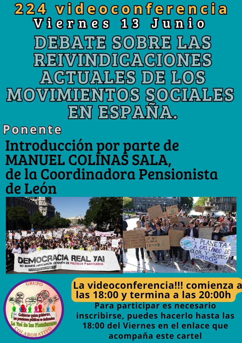 Mov. Defensa Pensions Públicas e do publico Lugo (@modepenl) on Twitter photo #MovimientosSociales
#ReivindicacionesActuales
*Debate sobre las reivindicaciones actuales de los movimientos sociales en España.*
Inscríbase en el enlace👇🏻👇🏻👇🏻👇🏻
*us02web.zoom.us/meeting/regist…*
Recibirá E-mail para unirse
<a href="/pensionazo_no/">G. C. LA VOZ de LAS PLATAFORMAS</a>
<a href="/PorLaUnidadPens/">@PorLaUnidadSocial</a>
<a href="/LaVozenIgualdad/">La Voz de las Plataformas por la igualdad.</a> #MovimientosSociales
#ReivindicacionesActuales
*Debate sobre las reivindicaciones actuales de los movimientos sociales en España.*
Inscríbase en el enlace👇🏻👇🏻👇🏻👇🏻
*us02web.zoom.us/meeting/regist…*
Recibirá E-mail para unirse
<a href="/pensionazo_no/">G. C. LA VOZ de LAS PLATAFORMAS</a>
<a href="/PorLaUnidadPens/">@PorLaUnidadSocial</a>
<a href="/LaVozenIgualdad/">La Voz de las Plataformas por la igualdad.</a>
