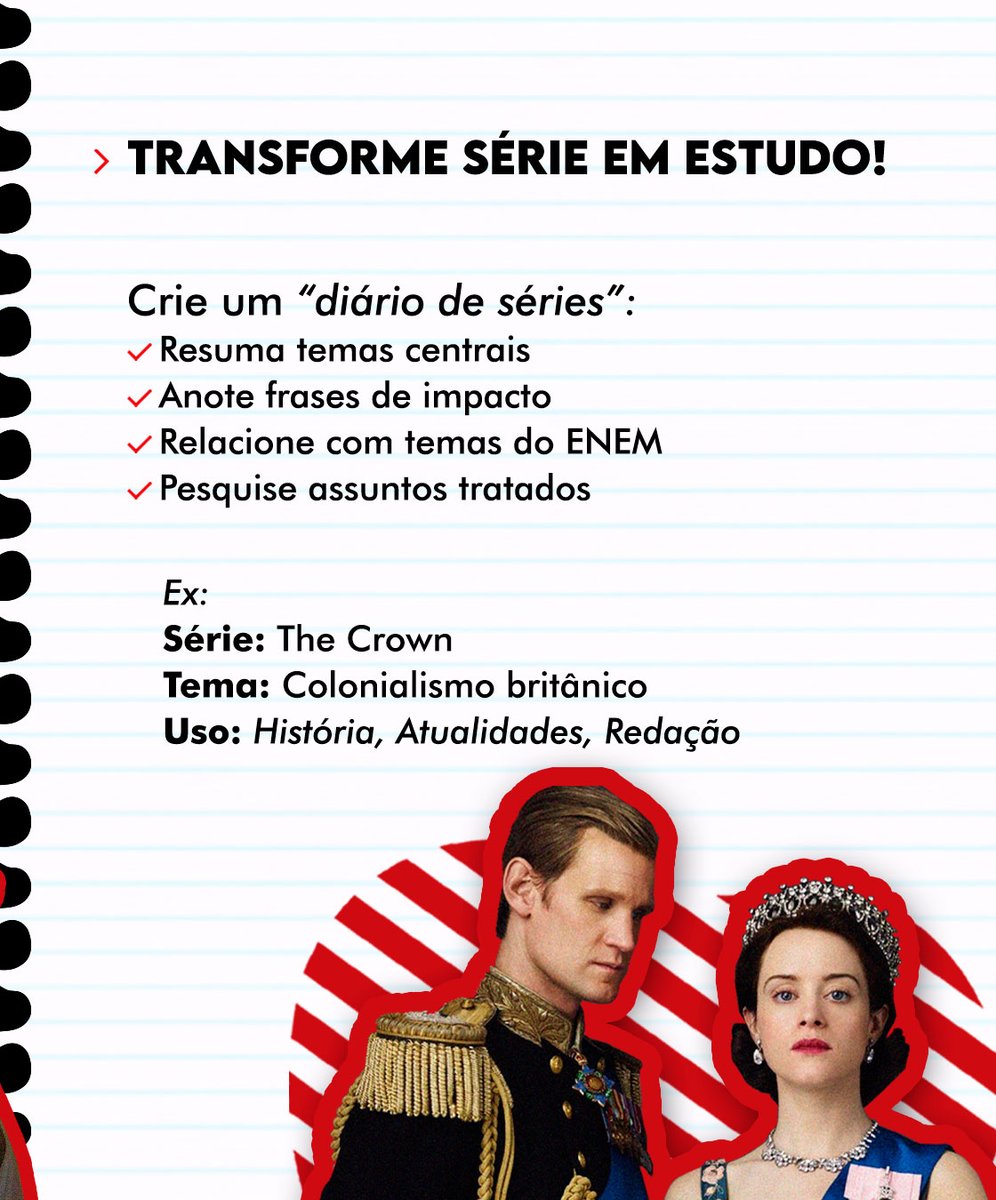 resistenem's tweet photo. Transforme séries em estudo real

Crie um "diário de séries"
- Resuma os temas
- Anote frases marcantes
- Relacione os temas com o ENEM
- Pesquise os assuntos retratados https://t.co/v2X3jQ6yq9
