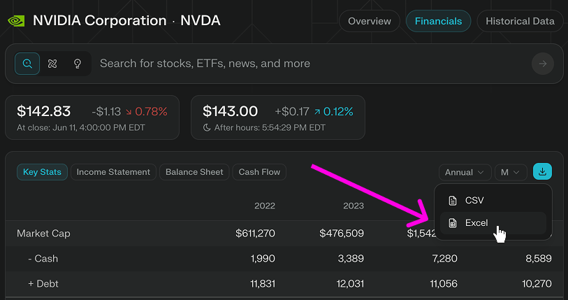 You can now download Excel models directly from Perplexity Finance pages, as an even faster starting point for your modeling and research.

Free for all users. Previously only CSV download was supported.