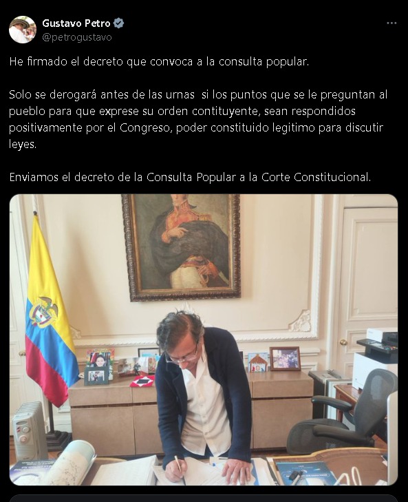 pierreonzaga's tweet photo. 🚨🇨🇴 URGENTE.

HAY QUE SACAR A PETRO POR ROMPER EL ORDEN CONSTITUCIONAL.

📢 Ha firmado el decreto de la consulta popular ilegal. 

12 de junio 10am plaza de los Caídos en la calle 26, hasta el Palacio de Nariño. 
🇨🇴👊
@MyJorgeCastillo @GermnAndrs92683 https://t.co/dQvlkcBIpw