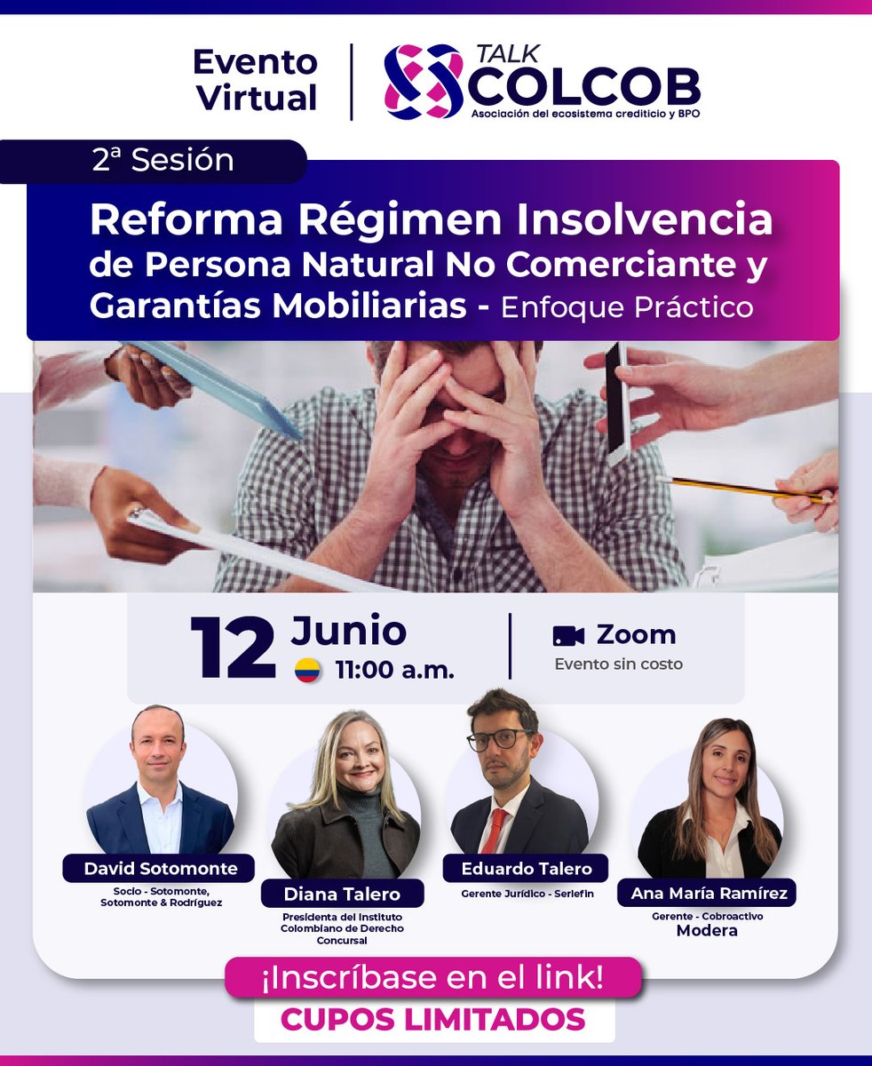 ¿Ya se inscribió? 🚨
Este jueves 12 de junio será el segundo #TALKCOLCOB sobre los cambios normativos más relevantes para quienes trabajan en cartera, crédito y cobranza.

🕚 11:00 a.m. | 🖥 Modalidad virtual
➡️ ¡Asegure su cupo aquí! bit.ly/4dXBI4j