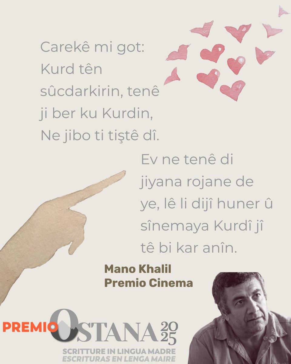 🏆 #CINEMA PRIZE 2025 to #ManoKhalil

He found in cinema a powerful form of resistance. 

📅 Don’t miss his talk “Cinema, Identity, and the Exile's Paradox” with Antonello Zanda on June 27 at 8:45 PM, followed by his movie #Neighbours.

#PremioOstana #film