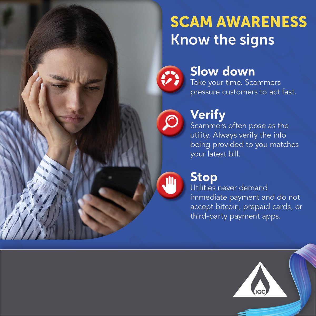 🚨 Remember that we will never demand immediate payment over the phone. ⚠️ Learn how to avoid becoming a victim of phone and email scams on our awareness page: intgas.com/customer-servi… 
#scamalert
#stopscams 
#scamawareness