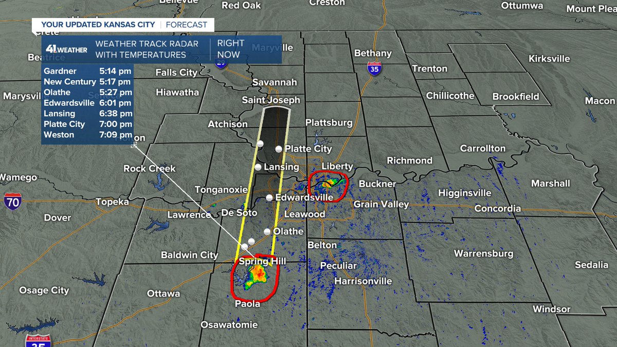 Jeff Penner (@jeffpennerkshb) on Twitter photo A few small downpours have formed during the last hour with 20-30 mph wind gusts & 10 minutes of heavy rain. 1 Just left the stadiums. A 2nd is just south of Spring Hill, KS. They are moving north 20 mph. A few downpours until 8-10 PM, then they will fall apart. <a href="/KSHB41/">KSHB 41 News</a> A few small downpours have formed during the last hour with 20-30 mph wind gusts & 10 minutes of heavy rain. 1 Just left the stadiums. A 2nd is just south of Spring Hill, KS. They are moving north 20 mph. A few downpours until 8-10 PM, then they will fall apart. <a href="/KSHB41/">KSHB 41 News</a>