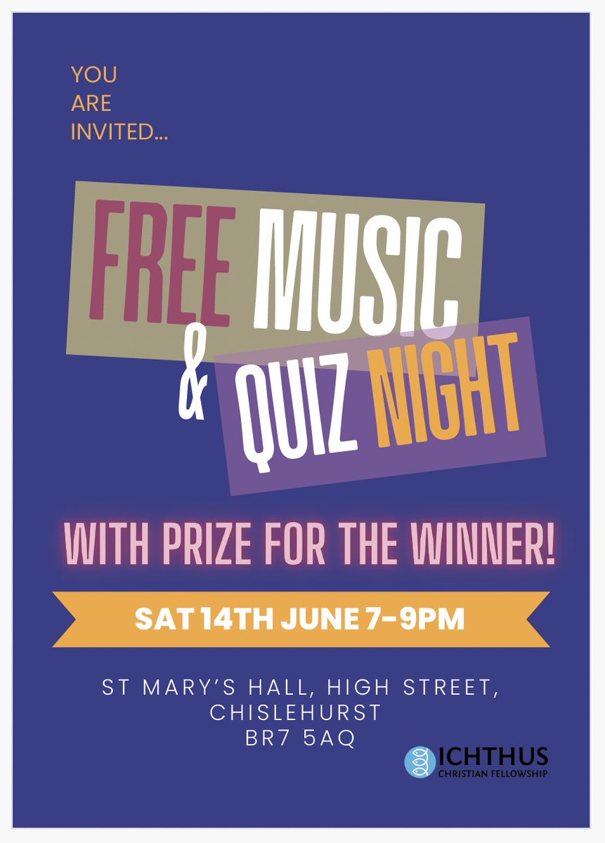A date for your diary - the free music and quiz night being held on Saturday 14th June, 7-9pm St Mary's Hall, High Street, Chislehurst BR7 5AQ. Come for a fun evening - you might even win a prize!