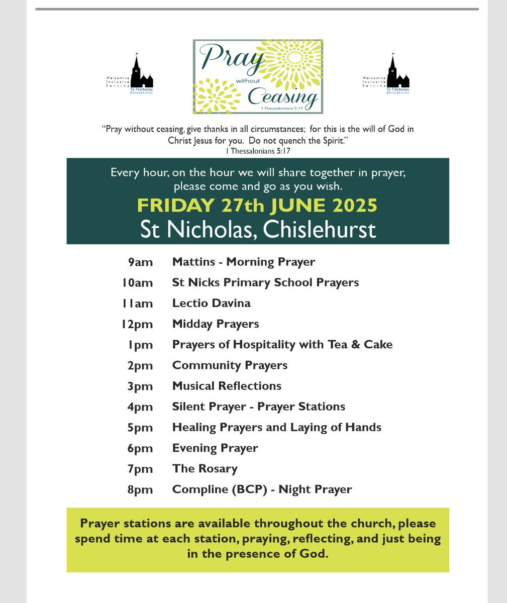 Drop in to St Nicholas Church, Chislehurst at any time from 9am to 8pm, Friday 27 June for prayer and spiritual renewal. Come whenever you want and stay as long as you want. All welcome.
