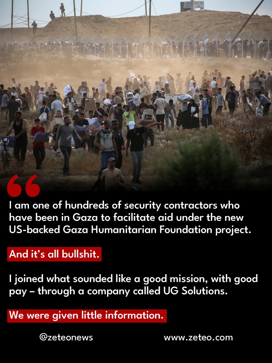 zeteo_news's tweet photo. “Initially, when we first started giving out aid, it was really heartening. I mean, I could cry. Palestinians were saying ‘Thank you’ and ‘I love America.’ But that didn’t last."

A former American security contractor reports on their experience at the US-backed Gaza aid site. https://t.co/XEOX0Xi7gN