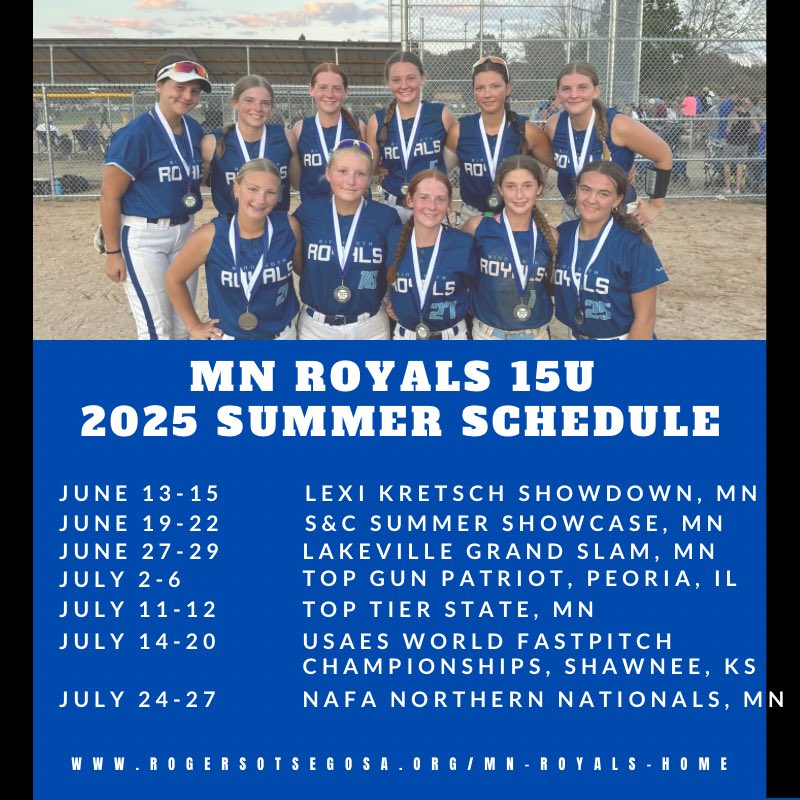 Summer schedule is out, and starting soon! Can’t wait to be on the field with my team! Come cheer us on, or follow along on game changer - MN Royals 15U!