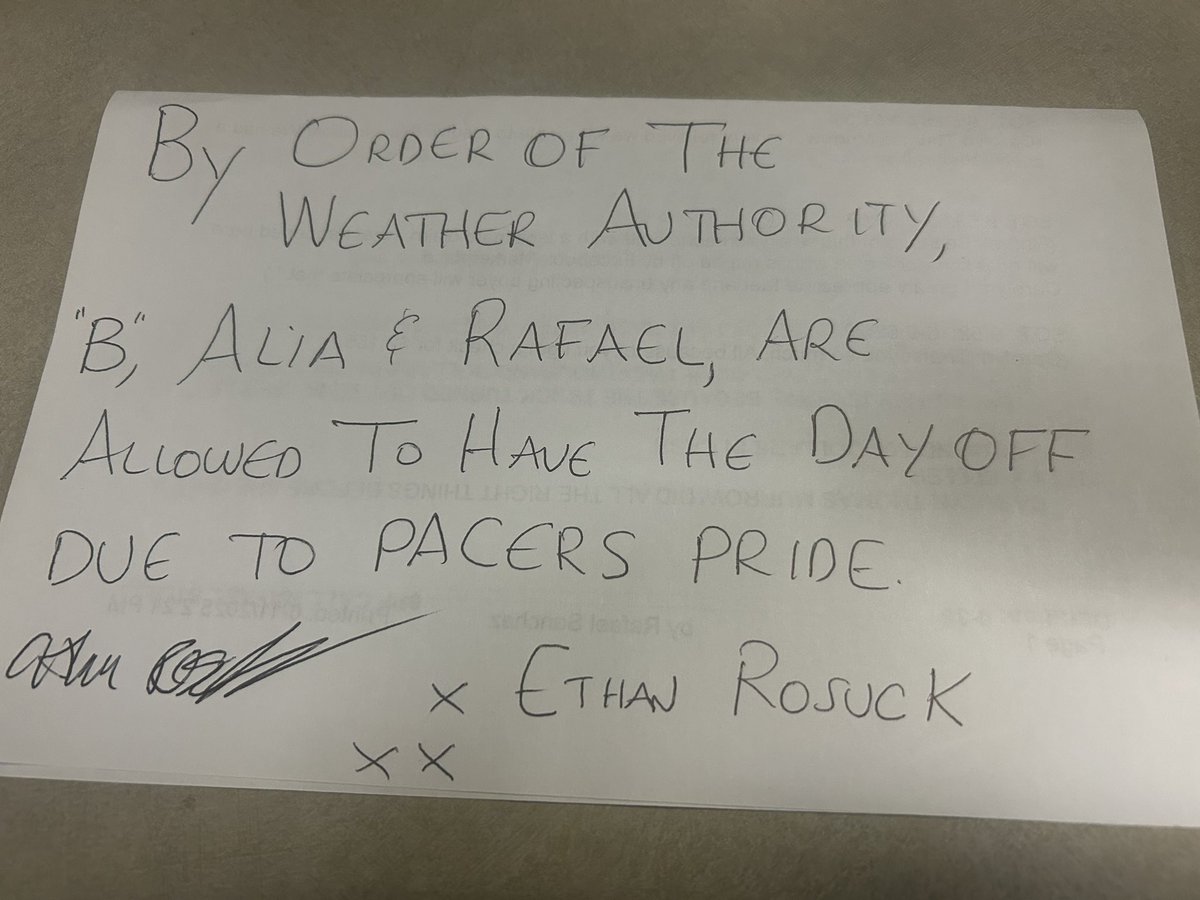 RafaelOnTV's tweet image. We are Pacers Proud ! Thanks to @EthanRosuckWX who’s using his Weather Authority to give us Thursday off to rest our voices from tonight’s cheering. @AliaBonTV @newsladyB @FOX59 @CBS4Indy