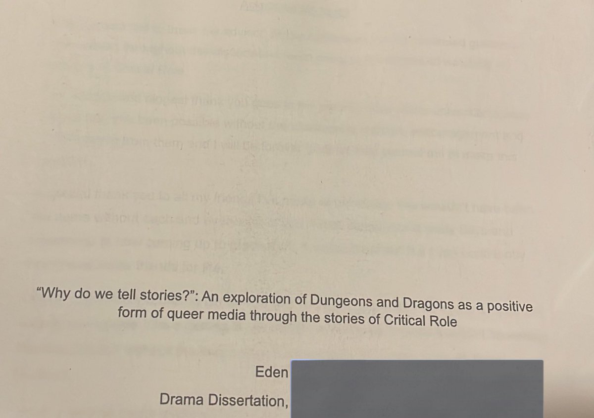 eden 🫶🏻 (@loreruinedme) on Twitter photo huge thank you to <a href="/CriticalRole/">Critical Role</a> for creating such positive queer stories, you’ve made the community feel like they belong and are such an inspiration to many - including me! so i wrote my d*ssertation on it
thank you 💙 huge thank you to <a href="/CriticalRole/">Critical Role</a> for creating such positive queer stories, you’ve made the community feel like they belong and are such an inspiration to many - including me! so i wrote my d*ssertation on it
thank you 💙