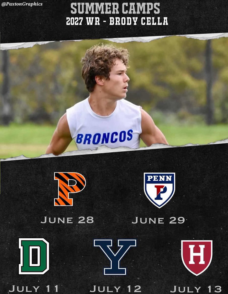 Brody Cella🐆 (@brody_cella) on Twitter photo I am excited to announce the rest of my camp schedule for this summer! I will be taking trips out East to 5 Ivy League camps. I can’t wait to compete! <a href="/CoachRenoYale/">Tony Reno</a> <a href="/grayson_kline/">Grayson Kline</a> <a href="/Coach_McCorkle/">Sammy McCorkle</a> <a href="/SVerbit/">Stephen Verbit</a> <a href="/Cinjun_Erskine/">Cinjun Erskine</a> <a href="/Coach_Aurich/">Andrew Aurich</a> <a href="/David_Josephson/">David Josephson</a> <a href="/PaxtonGraphics/">Paxton Graphics</a> I am excited to announce the rest of my camp schedule for this summer! I will be taking trips out East to 5 Ivy League camps. I can’t wait to compete! <a href="/CoachRenoYale/">Tony Reno</a> <a href="/grayson_kline/">Grayson Kline</a> <a href="/Coach_McCorkle/">Sammy McCorkle</a> <a href="/SVerbit/">Stephen Verbit</a> <a href="/Cinjun_Erskine/">Cinjun Erskine</a> <a href="/Coach_Aurich/">Andrew Aurich</a> <a href="/David_Josephson/">David Josephson</a> <a href="/PaxtonGraphics/">Paxton Graphics</a>