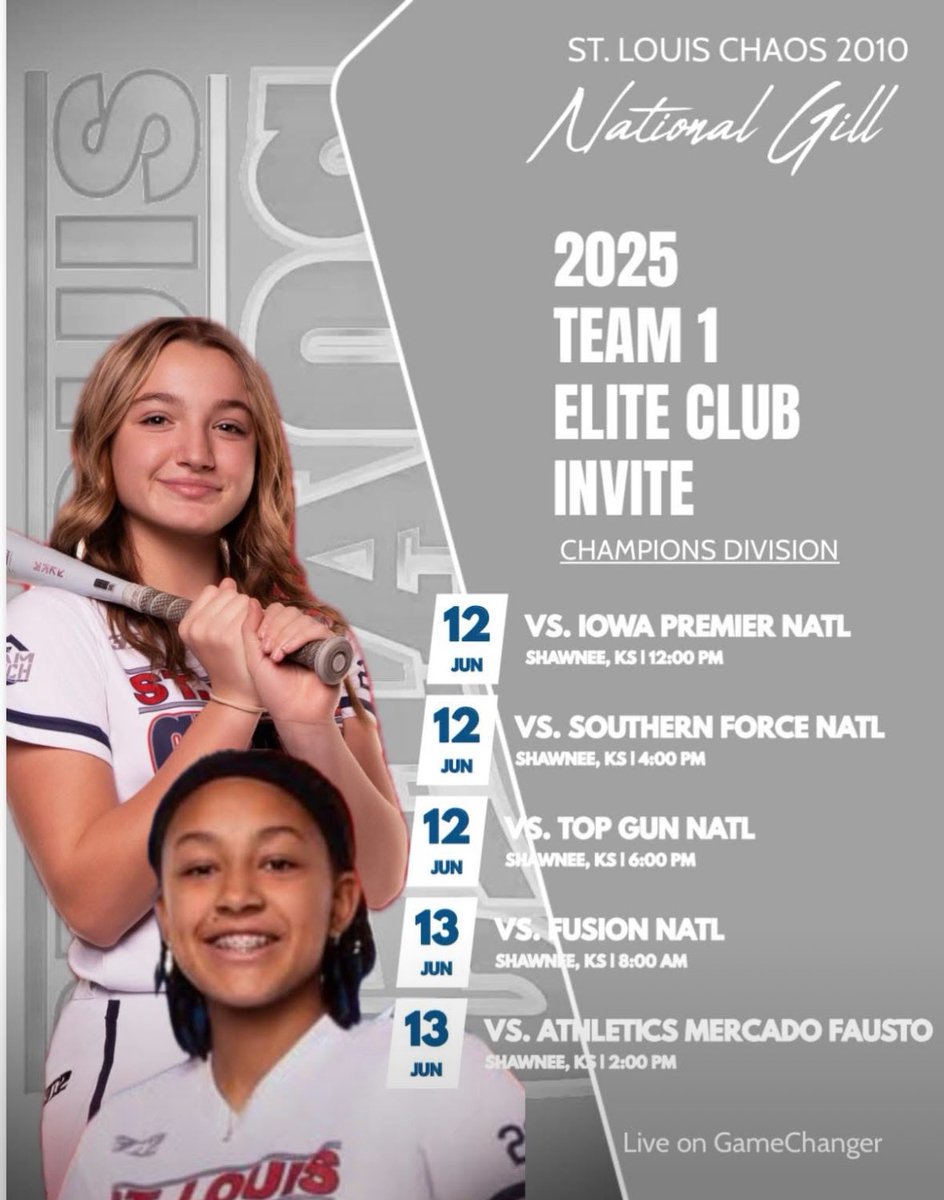 Back to KC this weekend Team 1 Elite Invite 
<a href="/StLChaos/">StL Chaos</a> <a href="/STLChaos2010/">St. Louis Chaos 2010</a> <a href="/rgilll/">Rachel</a> <a href="/ExtraInningSB/">EXTRA INNING SOFTBALL</a> <a href="/CoastRecruits/">Coast 2 Coast Recruits</a>