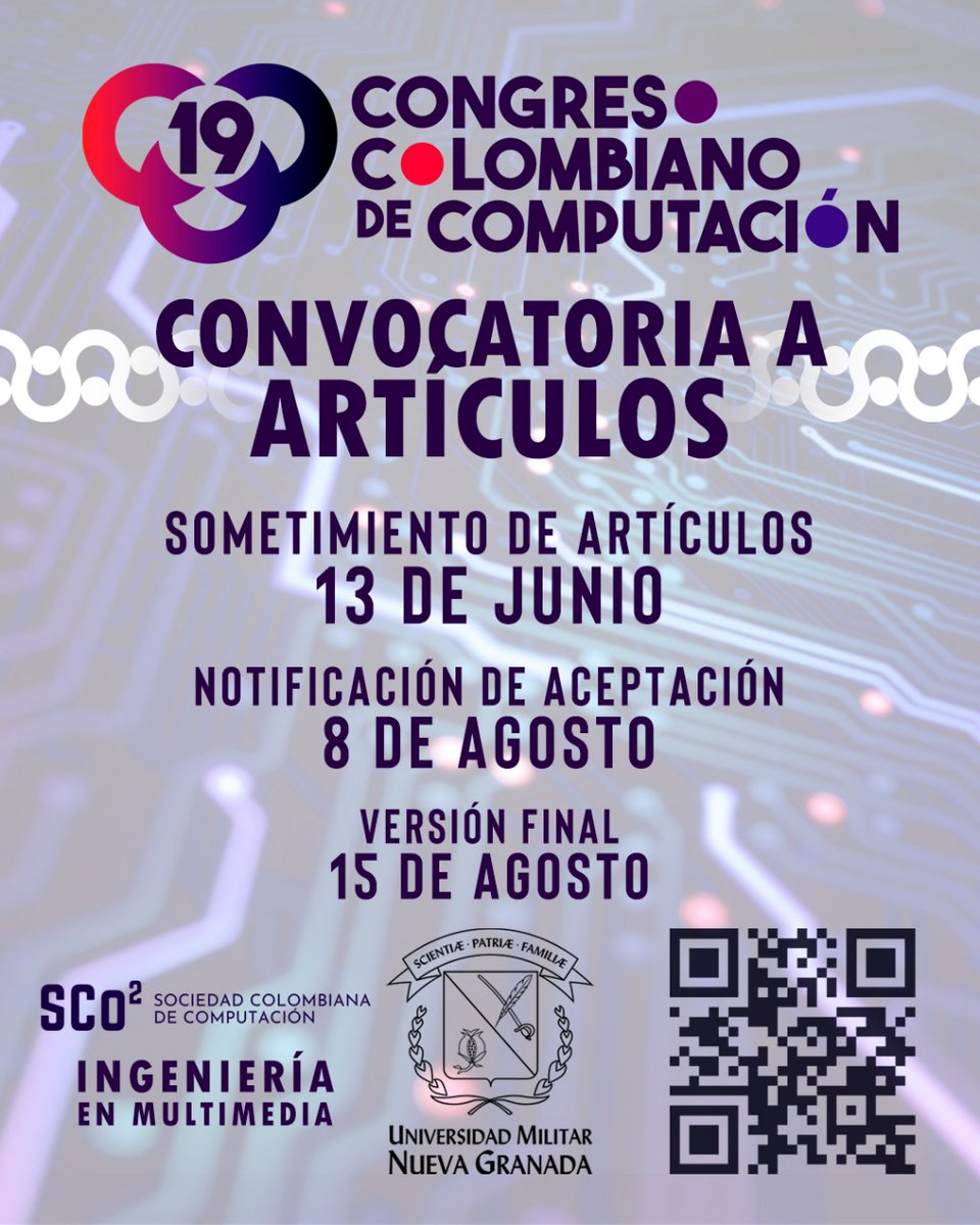 Sociedad Colombiana de Computación (@sco2_) on Twitter photo Publicar en CCIS de Springer es posible si envías hasta el 13 de junio tu artículo al 19 Congreso Colombiano de Computación.
✅ Usa la plantilla de Springer (link.springer.com/conference/ccc)
✅ Súbelo a cmt3.research.microsoft.com/19CCC
Informes
19ccc@unimilitar.edu.co, sco2.org/19ccc Publicar en CCIS de Springer es posible si envías hasta el 13 de junio tu artículo al 19 Congreso Colombiano de Computación.
✅ Usa la plantilla de Springer (link.springer.com/conference/ccc)
✅ Súbelo a cmt3.research.microsoft.com/19CCC
Informes
19ccc@unimilitar.edu.co, sco2.org/19ccc
