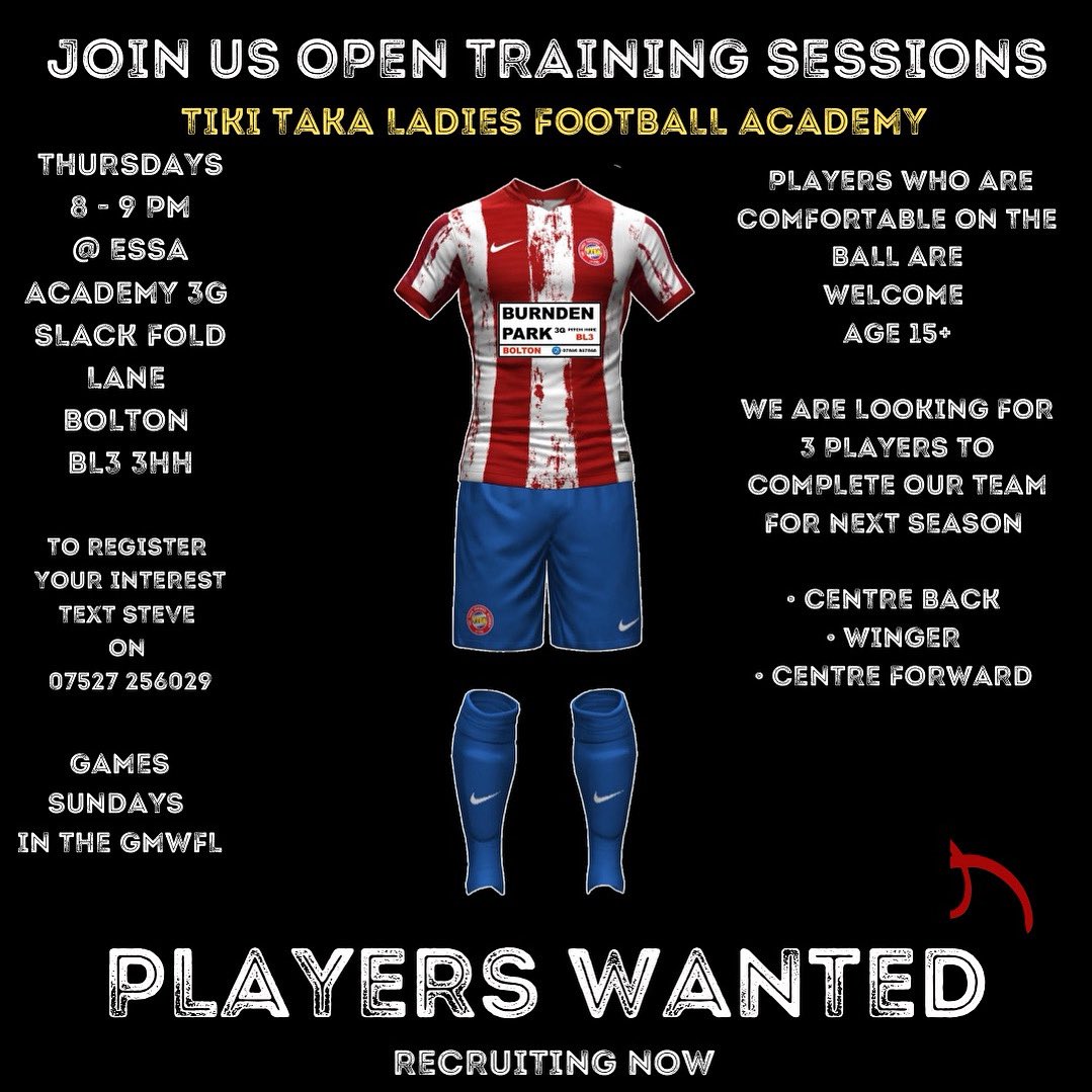 Recruiting now, we are looking for a Centre Back, Winger, &amp; Centre Forward to complete our team for next season, we are building something special again so come and be a part of it <a href="/TikiTakaLadies/">Tiki Taka Ladies Football Academy</a> ☎️ 07527 256029 for more info 
Games Recorded on VEO 2 
Professional Coaching