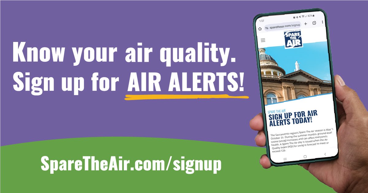It’s Spare the Air season!

When high levels of ozone—also known as smog—are in the forecast, we issue Spare the Air alerts to encourage residents to drive less and help reduce pollution.

The good news? Staying informed is easy!
SpareTheAir.com/signup