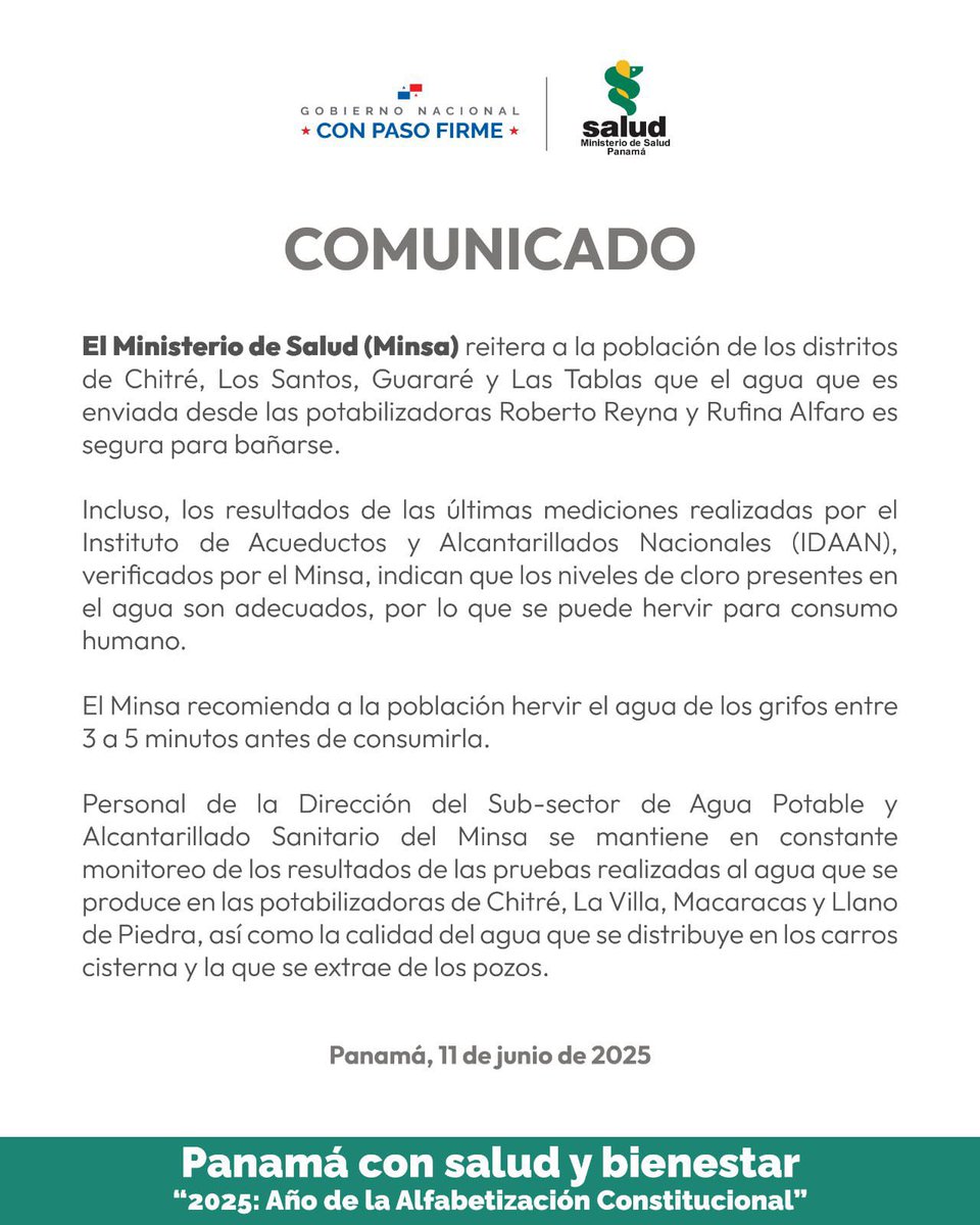 IDAANinforma's tweet photo. 📢Atención Azuero: El @MINSAPma  señala que los últimos análisis de la calidad del agua dieron como resultado que el agua de las potabilizadoras Roberto Reyna de Chitré y Rufina Alfaro de Los Santos, se puede hervir entre 3 y 5 minutos antes de consumirla. 

Para más detalles👇 https://t.co/36R2XN3dQt