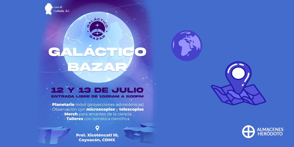 Dentro de un mes tenemos una cita en la edición de julio de #GalácticoBazar. Aparta el 12 y 13 para acudir al evento más grande de exhibición y venta de artículos basados e inspirados en la #ciencia. #Geografía #CienciasDeLaTierra #Astronomía.