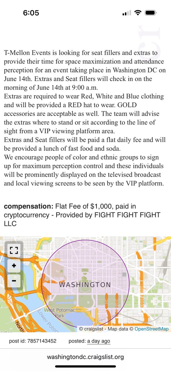 jastuart68's tweet photo. Trump’s June 14 military birthday parade is a joke.

They’re hiring seat-fillers off Craigslist for $1,000.
•Must wear red, white &amp; blue
•People of color “encouraged” for camera optics
•Fast food + soda
•Paid in crypto by FIGHT FIGHT FIGHT LLC

You can’t make this shit up 🤦🏻‍♀️ https://t.co/Dt7LHWABE6