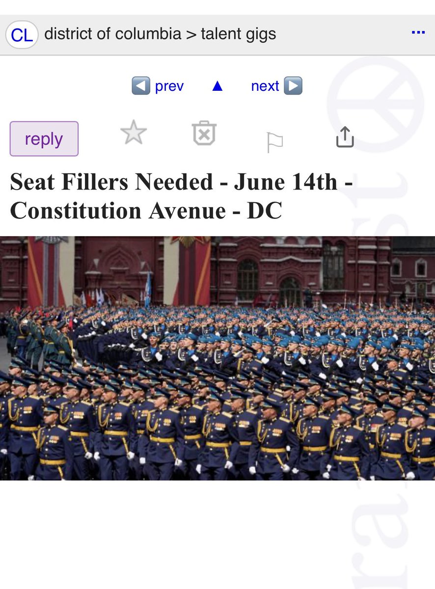 jastuart68's tweet photo. Trump’s June 14 military birthday parade is a joke.

They’re hiring seat-fillers off Craigslist for $1,000.
•Must wear red, white &amp; blue
•People of color “encouraged” for camera optics
•Fast food + soda
•Paid in crypto by FIGHT FIGHT FIGHT LLC

You can’t make this shit up 🤦🏻‍♀️ https://t.co/Dt7LHWABE6