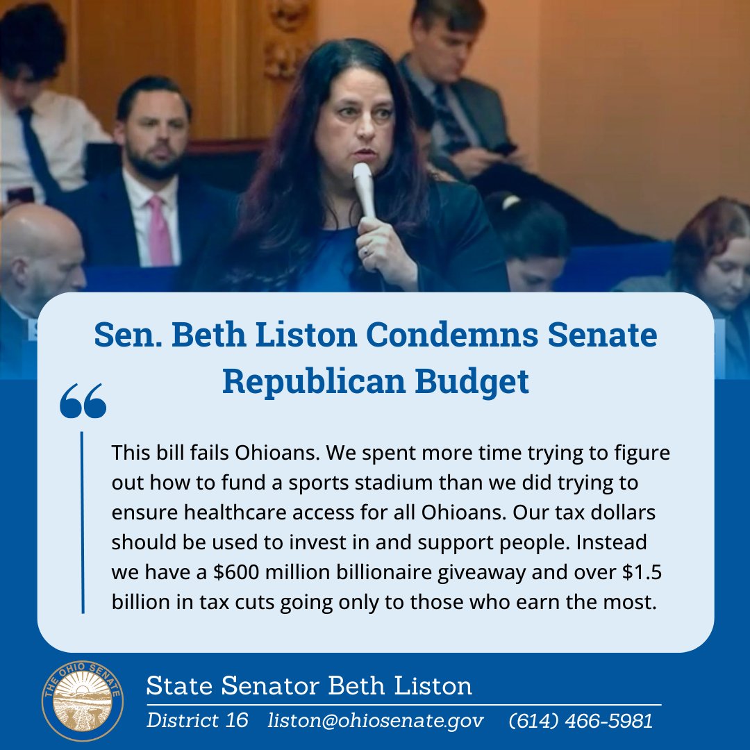 Liston4Ohio's tweet image. The Senate Republicans' version of the state budget fails Ohioans. I voted no, here’s why: ohiosenate.gov/members/beth-l…
