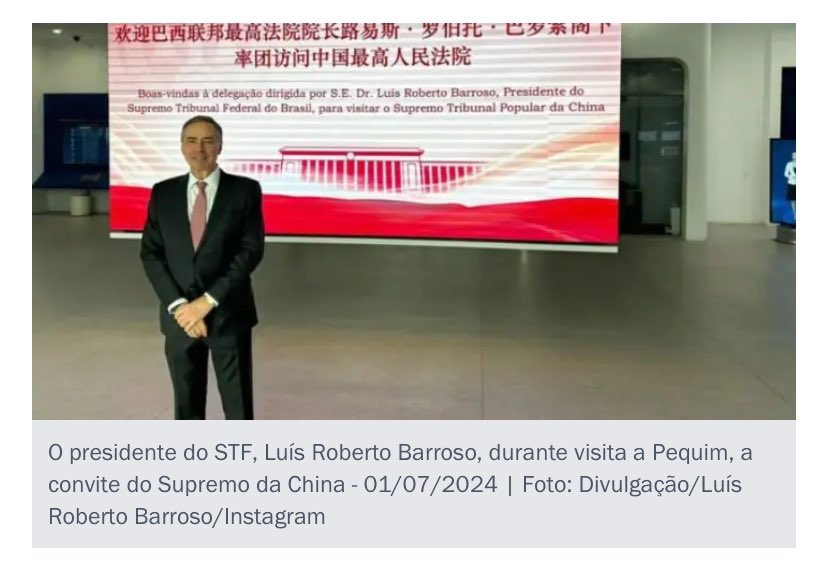 O ministro Barroso na China, foi a convite do Supremo da China. Só refrescando a memória. 🚨