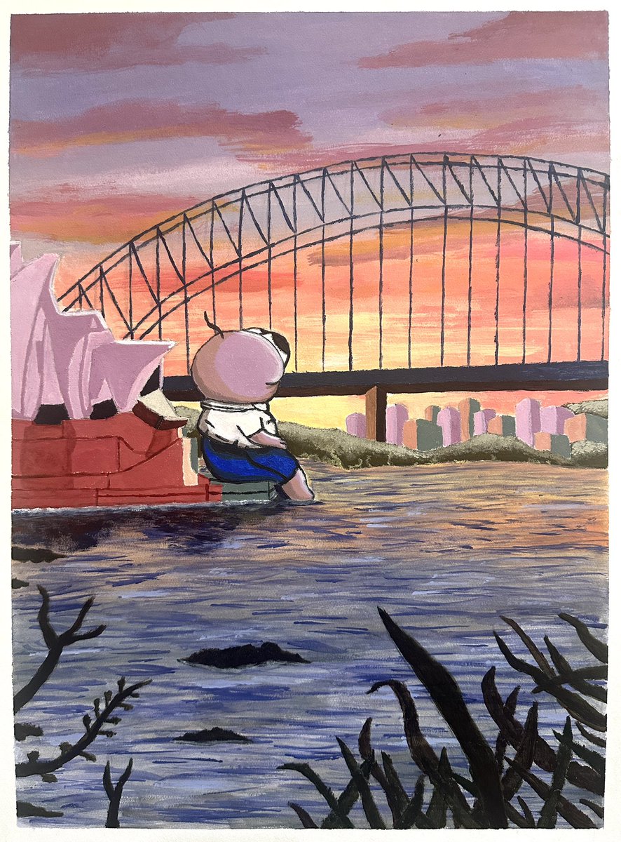 RatzNestArt's tweet image. Acrylic painting of Pim sitting next to the Sidney opera house. #smilingfriends #Pim #adultswim @adultswim