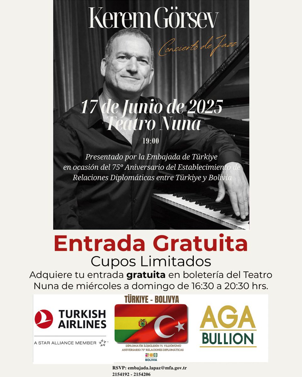 𝐄𝐍𝐓𝐑𝐀𝐃𝐀 𝐆𝐑𝐀𝐓𝐔𝐈𝐓𝐀 (𝐜𝐮𝐩𝐨𝐬 𝐥𝐢𝐦𝐢𝐭𝐚𝐝𝐨𝐬)
Adquiere tu entrada (máximo 2 por persona) en boletería del Teatro Nuna de miércoles a domingo de 16:30 a 20:30 Hrs.

📅 Martes 17 de junio
⏰ Apertura de puertas 19:00 hrs.
📌Teatro Nuna (Calle 21 de Calacoto)