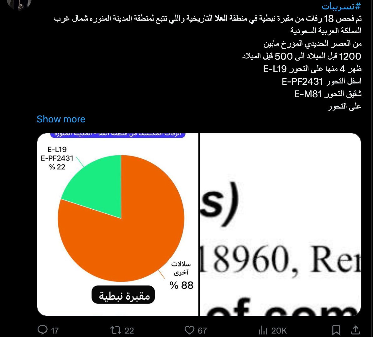 argentina0111's tweet photo. اخر المعطيات الجينية بخصوص السلالة E-L19 .....

▫️رفاة في نجران المملكة العربية السعودية بعمر 2215 ق.م (E-M81)

▫️رفاة في جزيرة فيلكا الكويت بعمر 
2200 -2350 ق.م (E-M81)

▫️ ٤ رفاة نبطية في العلا المملكة العربية السعودية بعمر 300 ق.م (E-PF2431) https://t.co/AapJSbLT7G