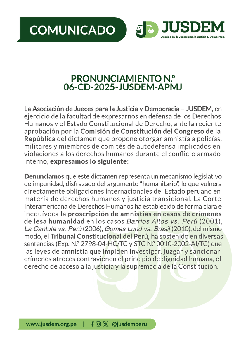 jusdemperu's tweet photo. 📣JUSDEM rechaza dictamen que propone otorgar amnistía a policías, militares y miembros de comités de autodefensa implicados en violaciones a los derechos humanos durante el conflicto armado interno. 
#JUSDEM #EstadoDeDerecho https://t.co/qzUsedFfYU