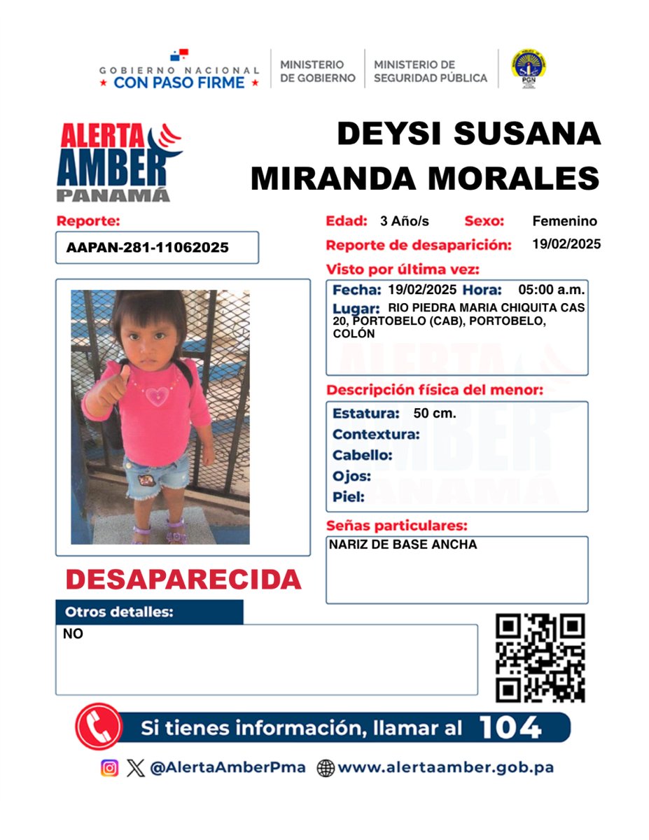 TReporta's tweet photo. .@PGN_PANAMA activa #AlertaAmber por Deysi Miranda Morales, de 3 años. https://t.co/ws7V728pkm
