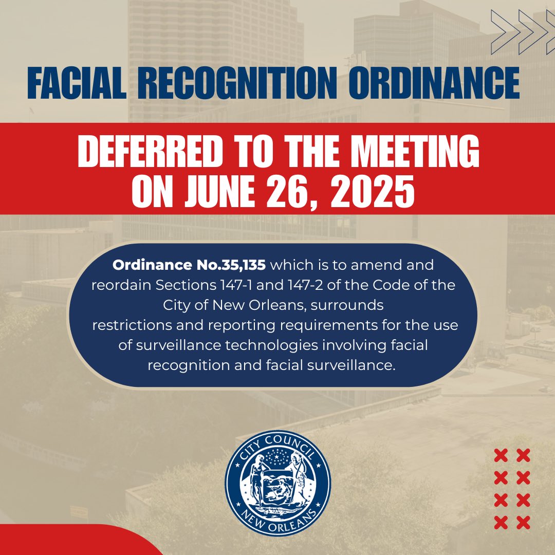 #FYI The ordinance on tomorrow's agenda regarding facial recognition will be deferred to the June 26th meeting.