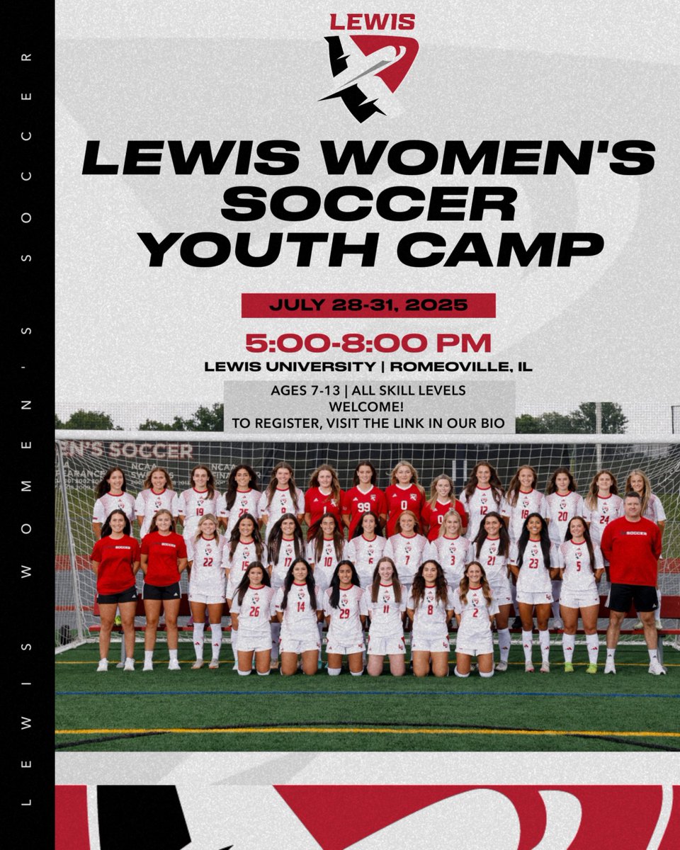 ⚽️ Calling all future Flyers! ✈️
Join Lewis Women’s Soccer this summer for our Youth Camp and ID Camp! We’ve got the perfect training experience for you.

Don’t miss out—register now and take your game to the next level!

#FlyHigh #LewisSoccer #GirlsSoccer #SoccerCamp