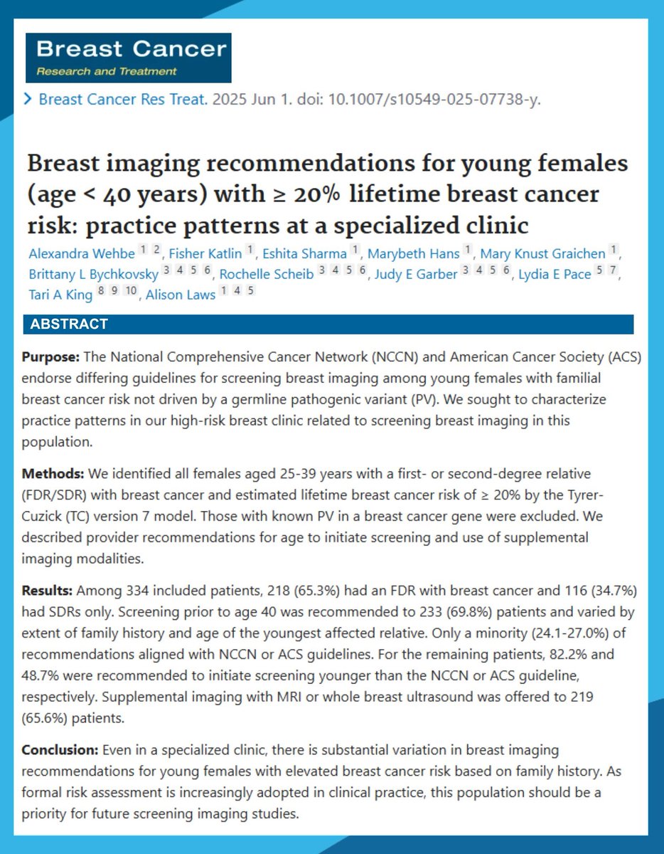 Dana-Farber’s Breast Oncology Center (@dfci_breastonc) on Twitter photo New📰on breast imaging recommendations for young females (age < 40 years) with ≥ 20% lifetime #BreastCancer risk: practice patterns at a specialized clinic, read it here👇
pubmed.ncbi.nlm.nih.gov/40450633/
<a href="/DrBBychkovsky/">Brittany Bychkovsky, MD</a> <a href="/judygarber5/">judy garber</a> <a href="/TariKingMD/">Tari King MD</a> New📰on breast imaging recommendations for young females (age < 40 years) with ≥ 20% lifetime #BreastCancer risk: practice patterns at a specialized clinic, read it here👇
pubmed.ncbi.nlm.nih.gov/40450633/
<a href="/DrBBychkovsky/">Brittany Bychkovsky, MD</a> <a href="/judygarber5/">judy garber</a> <a href="/TariKingMD/">Tari King MD</a>